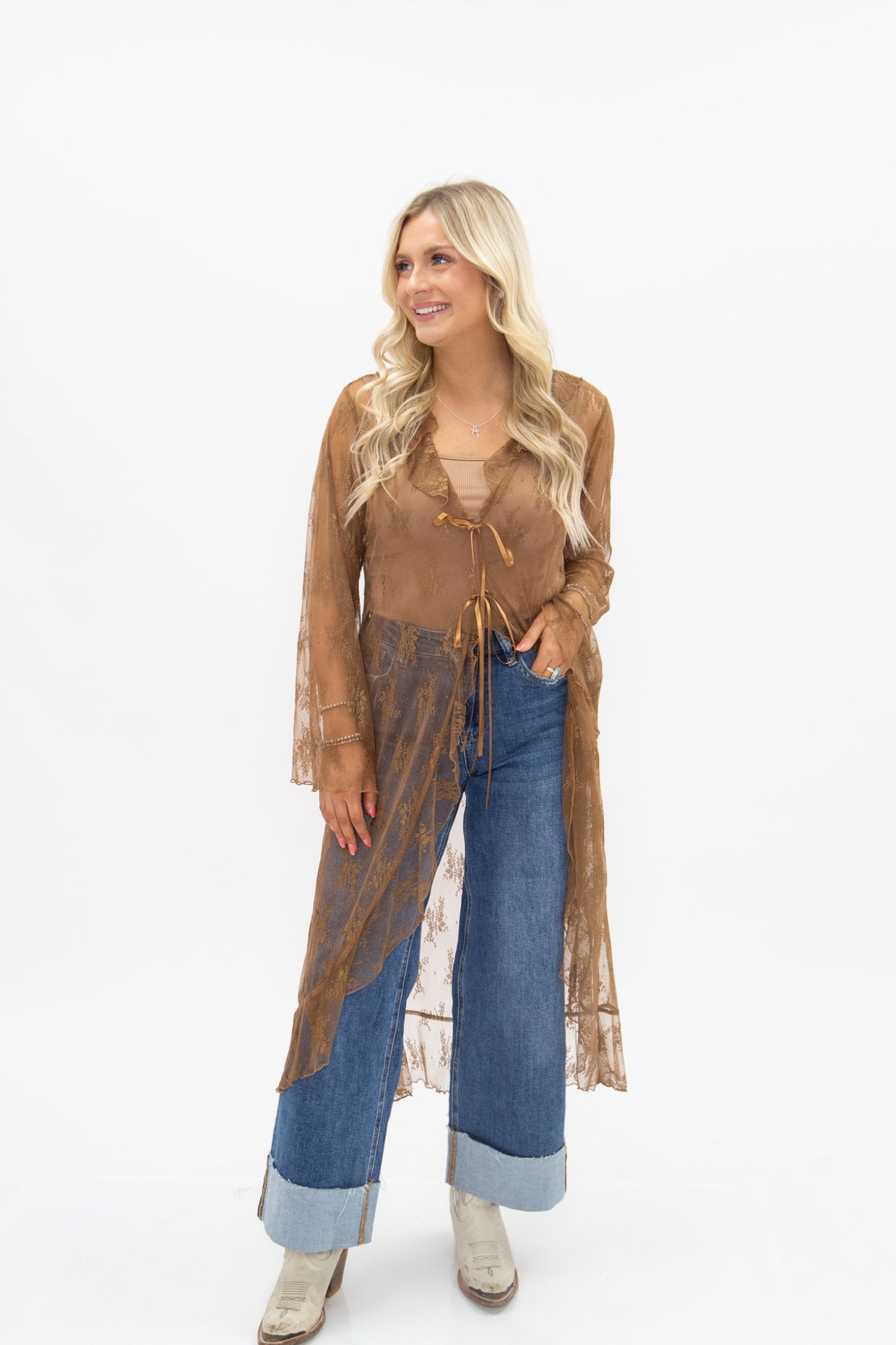 The Tenille Lace Long Kimono - Brown