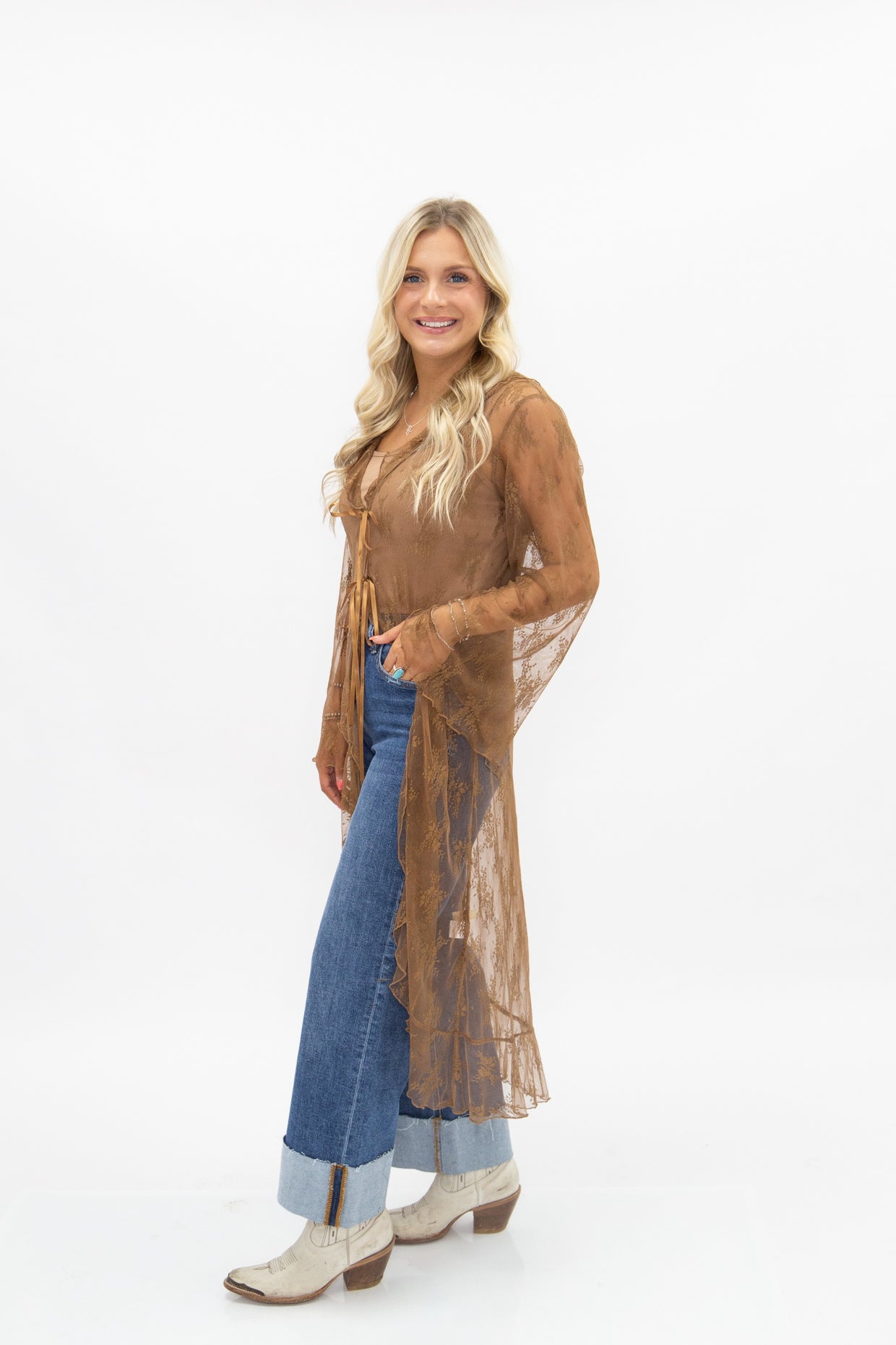The Tenille Lace Long Kimono - Brown