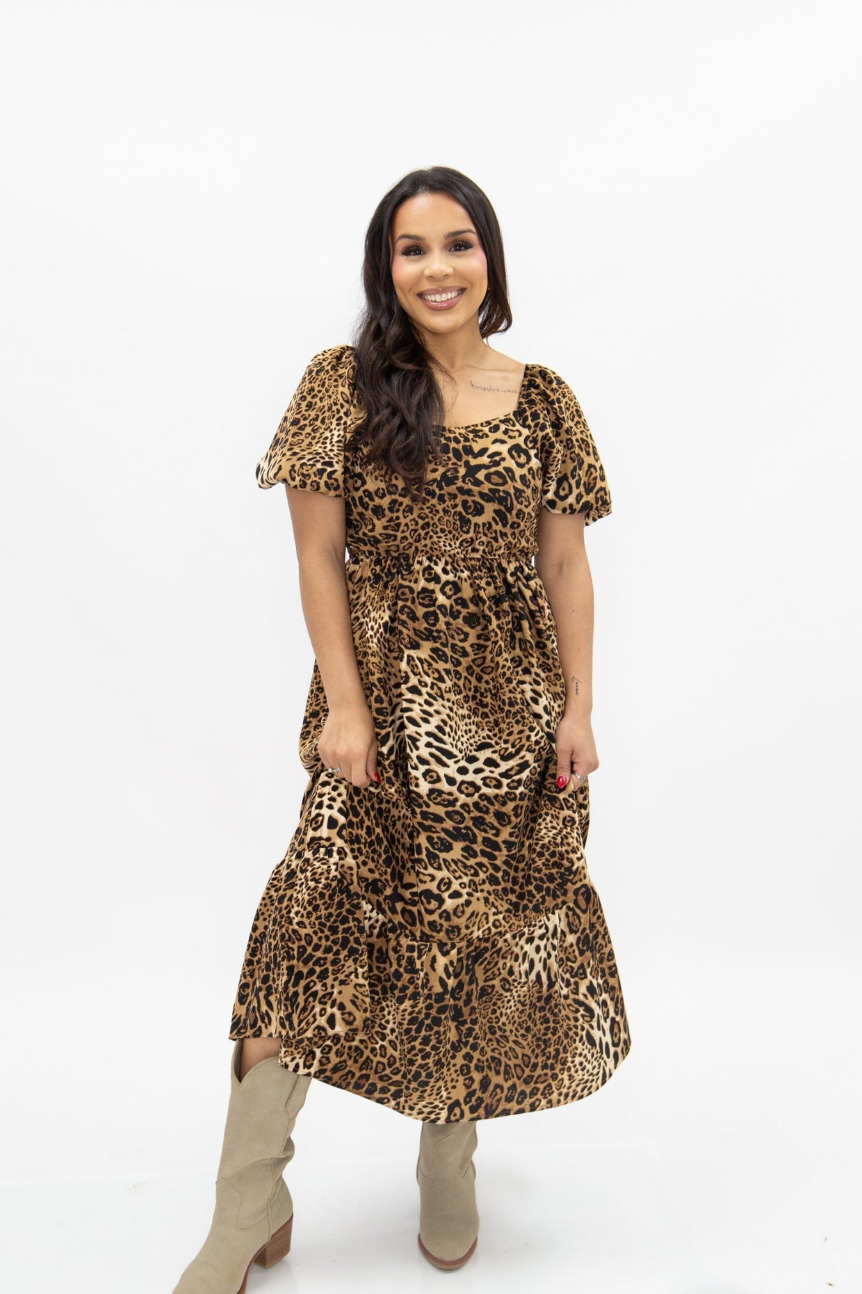The Monica Puff Sleeve Midi Dress - Leopard