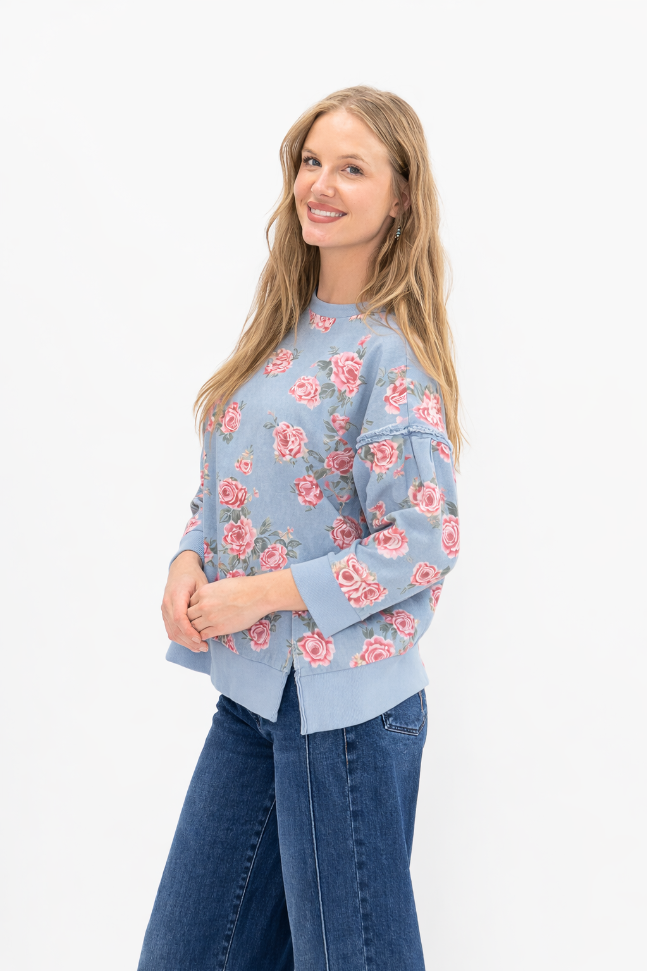 The Corynne Floral Print Denim Top