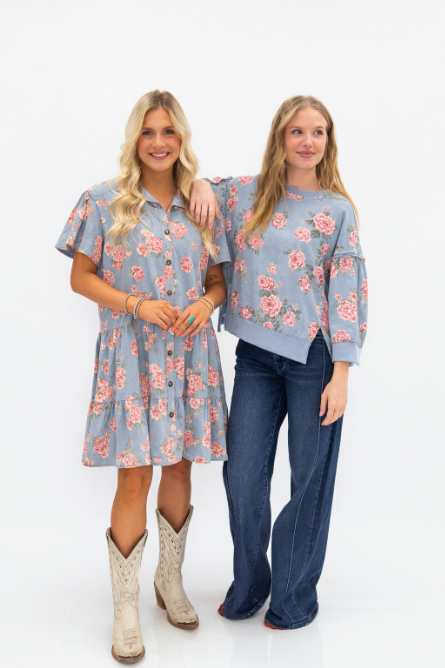 The Corynne Floral Print Denim Top