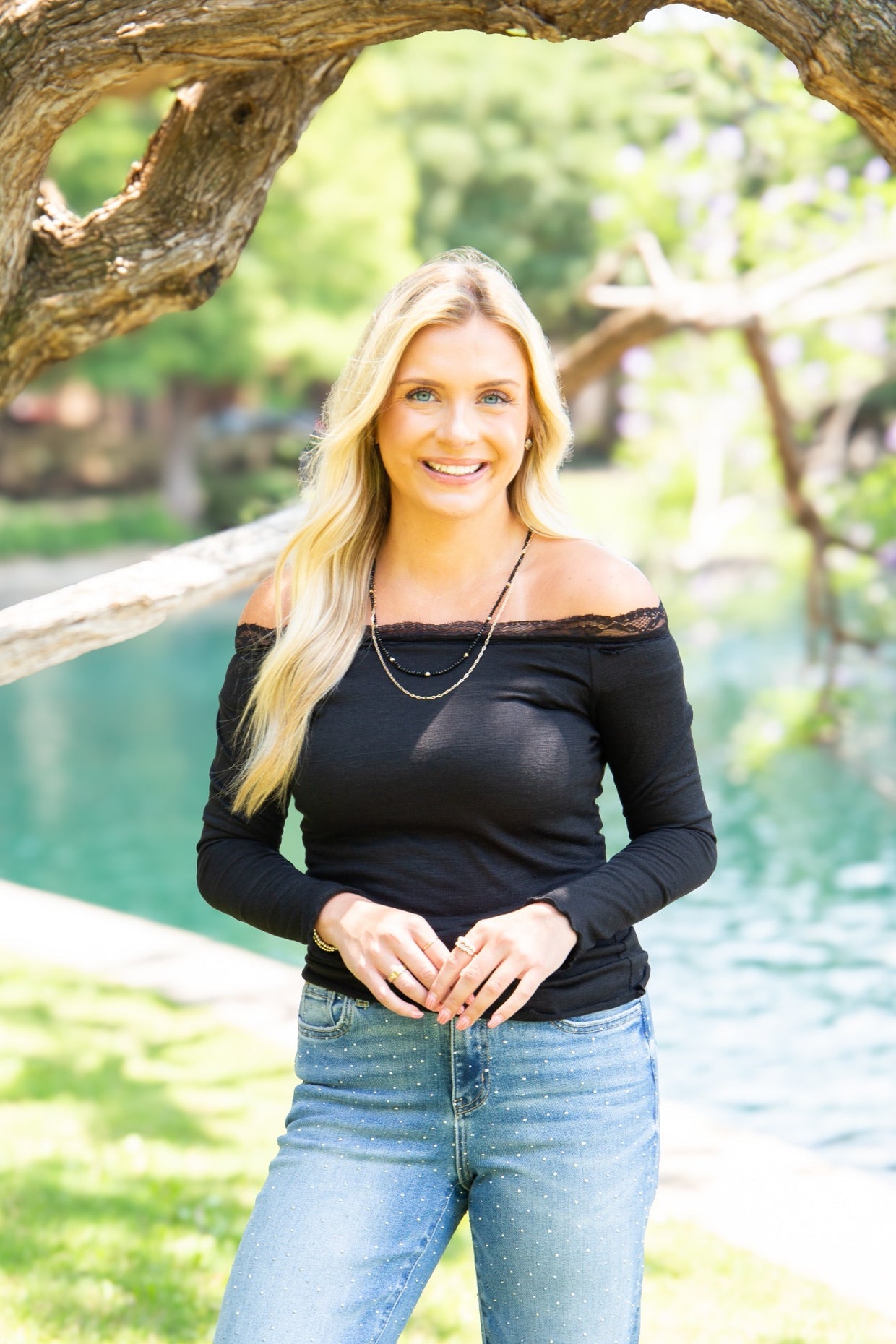 The Enna Longsleeve Off-the-Shoulder Lace Trim Top - Black