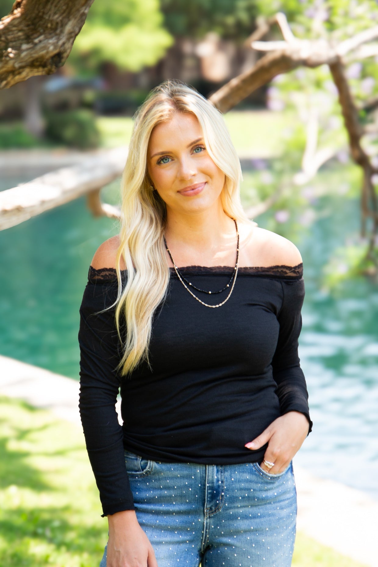 The Enna Longsleeve Off-the-Shoulder Lace Trim Top - Black