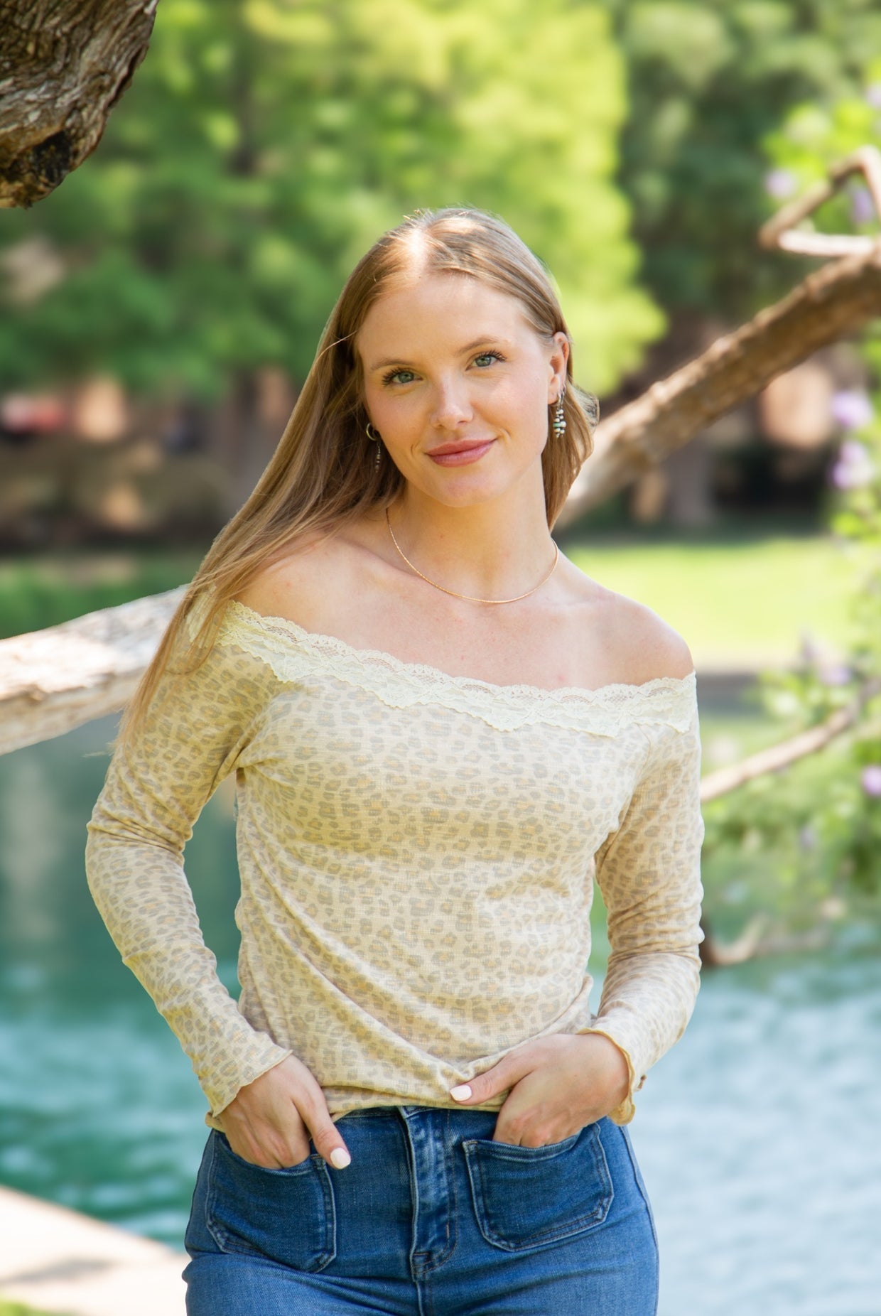 The Enna Longsleeve Off-the-Shoulder Lace Trim Top - Leopard