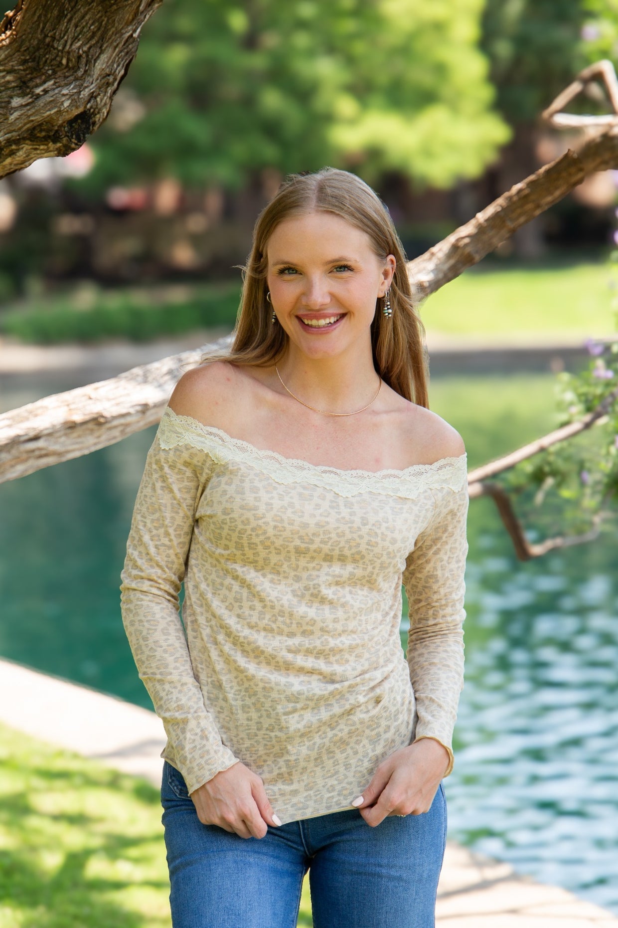 The Enna Longsleeve Off-the-Shoulder Lace Trim Top - Leopard