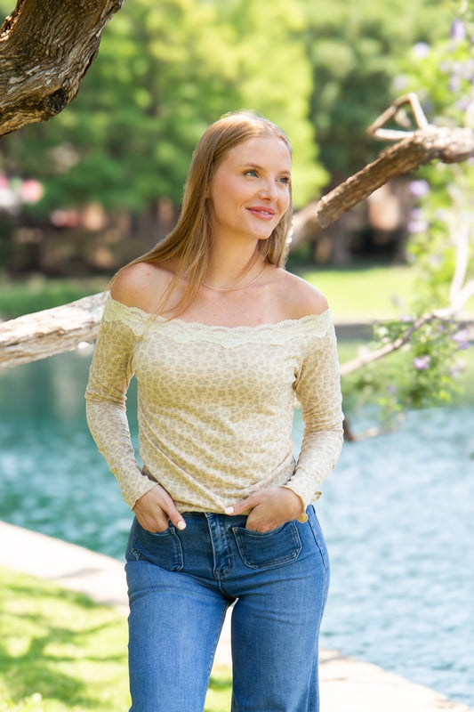 The Enna Longsleeve Off-the-Shoulder Lace Trim Top - Leopard