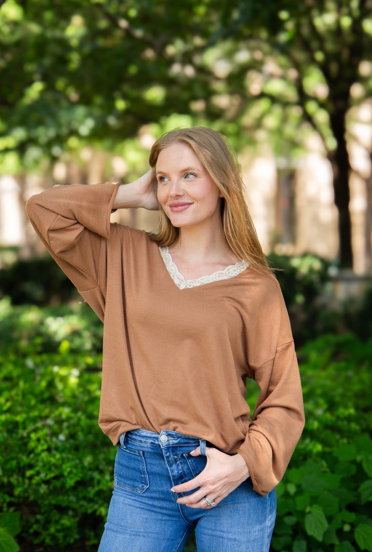 The Carlie V-Neck Lace Trim Top - Brown