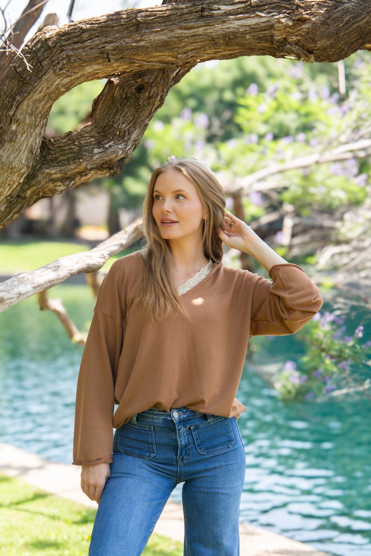 The Carlie V-Neck Lace Trim Top - Brown