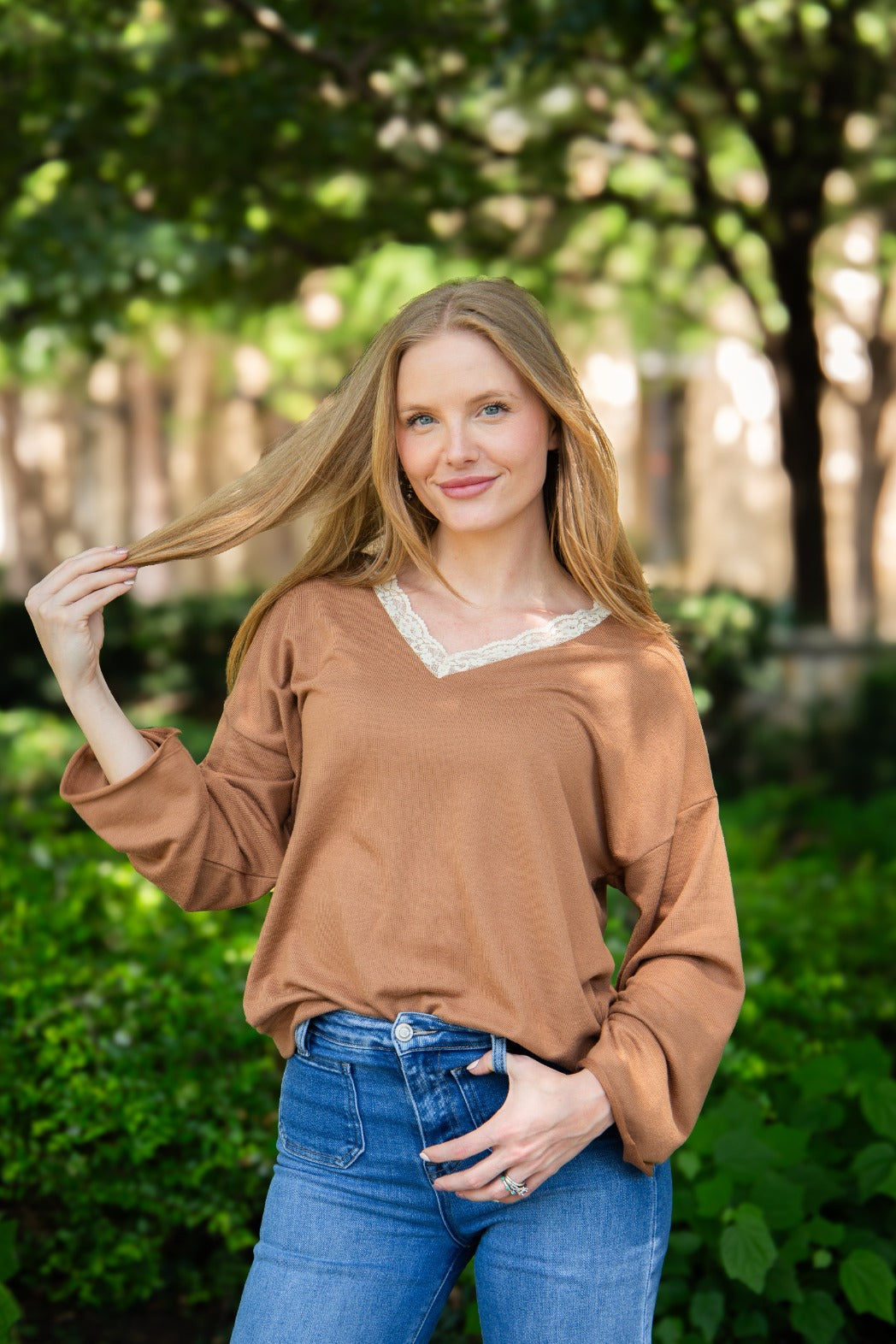 The Carlie V-Neck Lace Trim Top - Brown