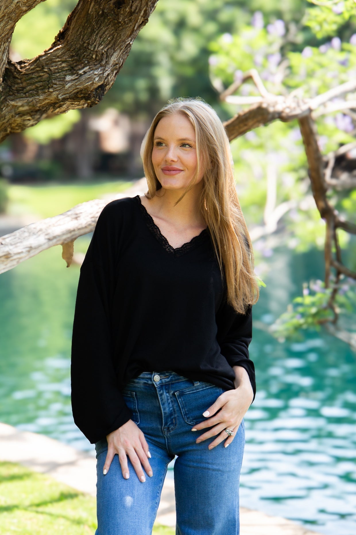 The Carlie V-Neck Lace Trim Top - Black