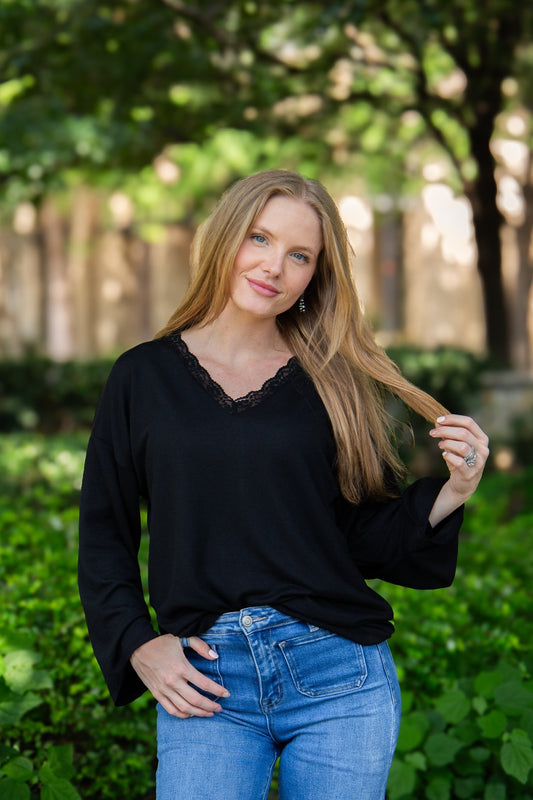 The Carlie V-Neck Lace Trim Top - Black