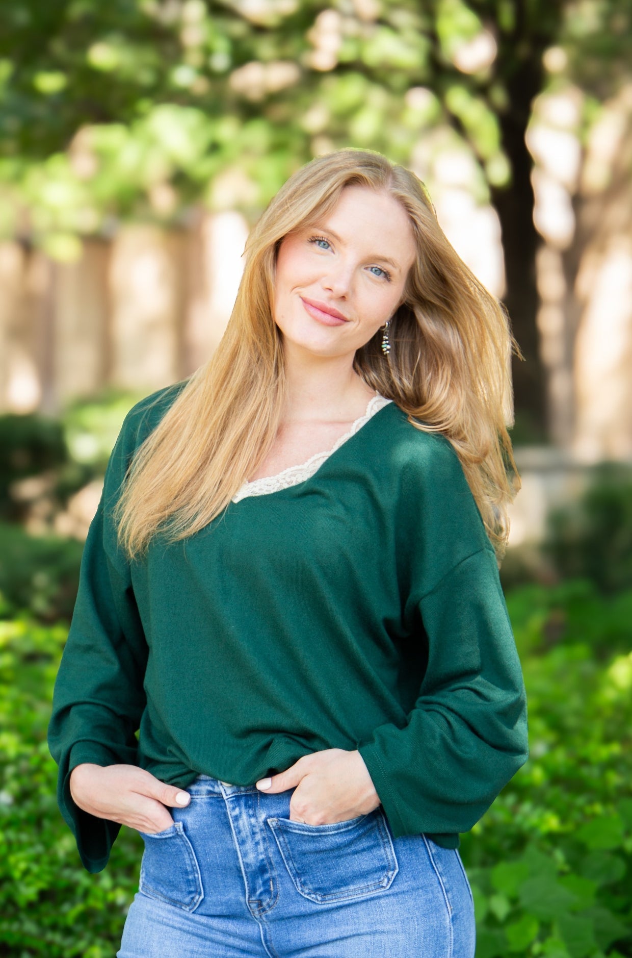 The Carlie V-Neck Lace Trim Top - Forest Green
