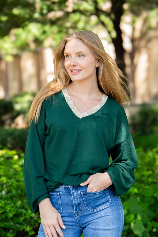 The Carlie V-Neck Lace Trim Top - Forest Green
