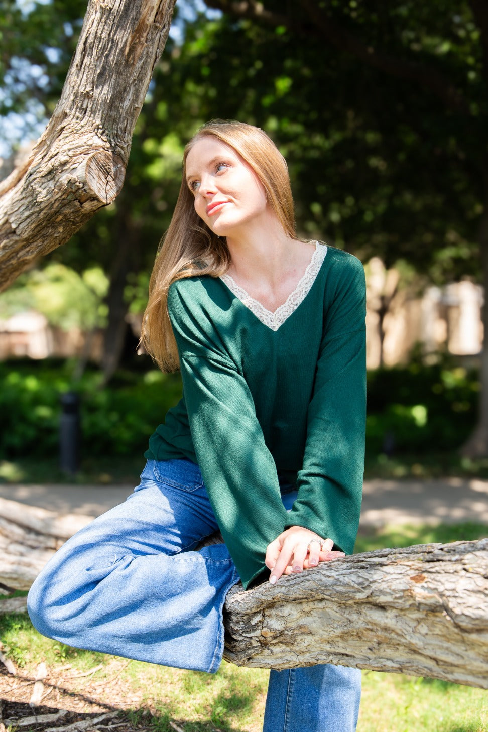 The Carlie V-Neck Lace Trim Top - Forest Green