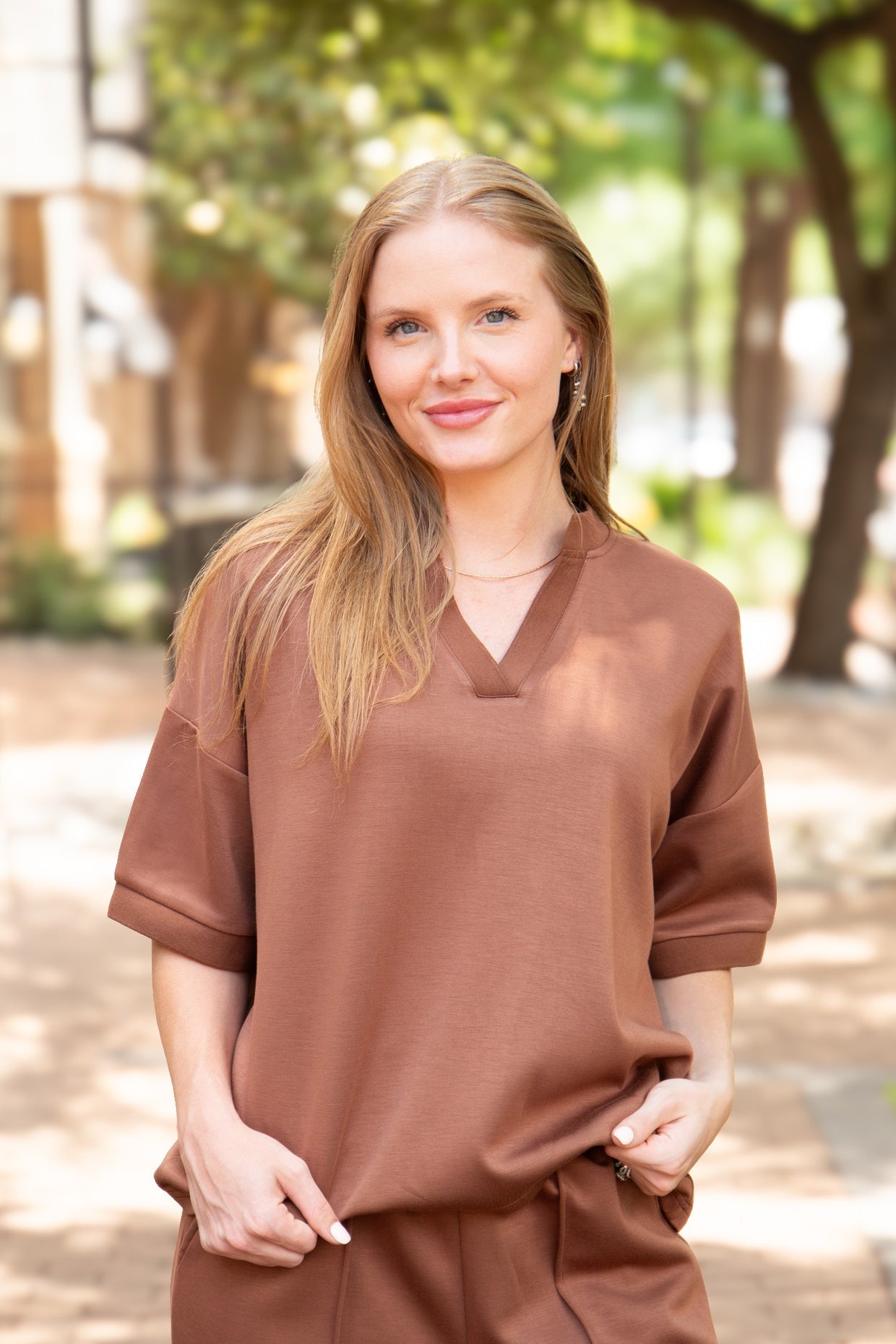 The Remi Butter Soft V-Neck Top - Brown