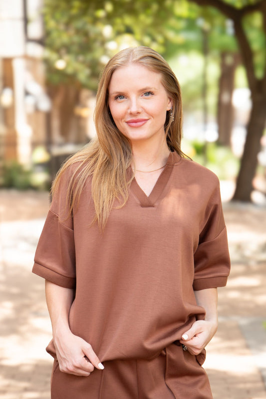 The Remi Butter Soft V-Neck Top - Brown