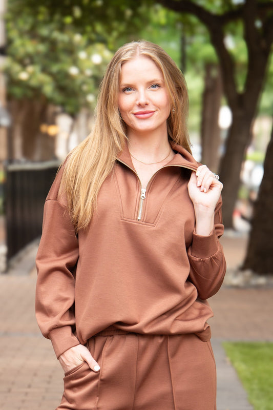 The Remi Butter Soft Quarter Zip Top - Brown