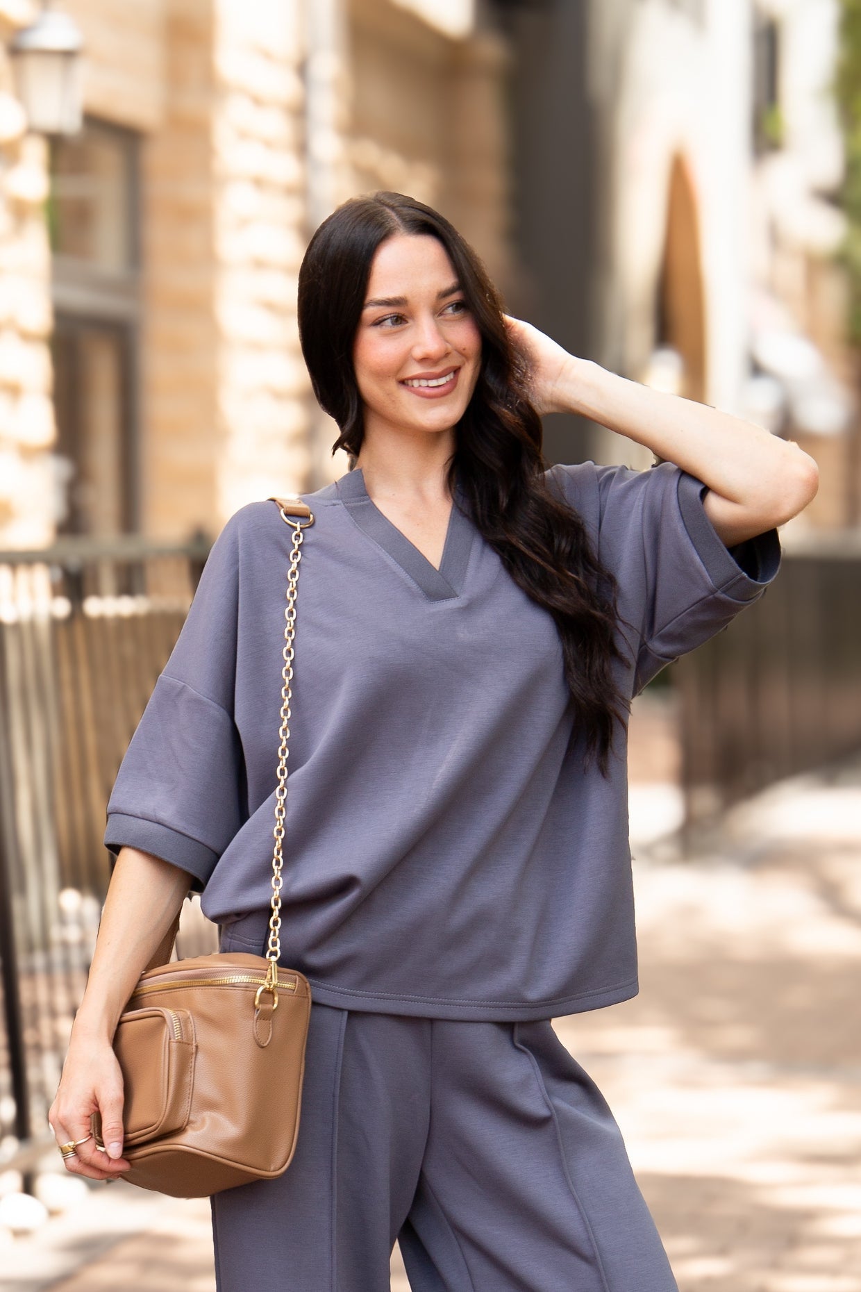 The Remi Butter Soft V-Neck Top - Slate Blue