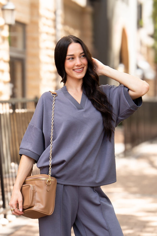 The Remi Butter Soft V-Neck Top - Slate Blue
