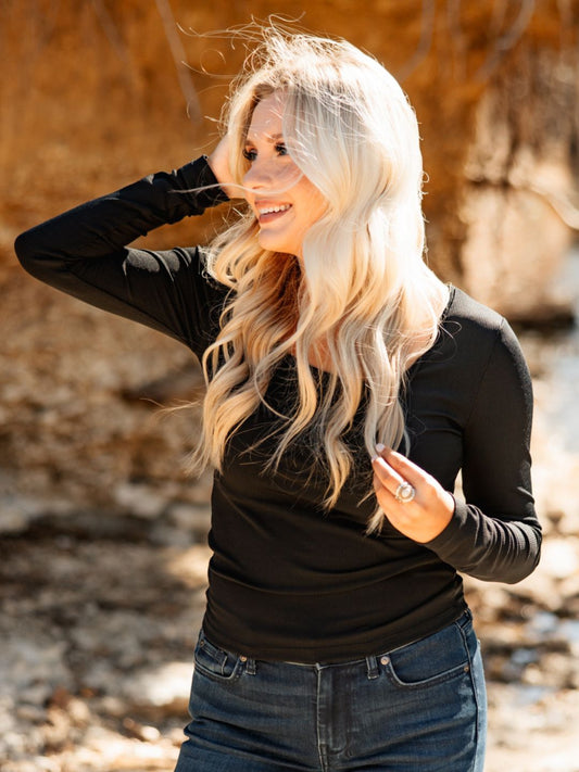 The Grace Square Neck Long Sleeve Top - Black