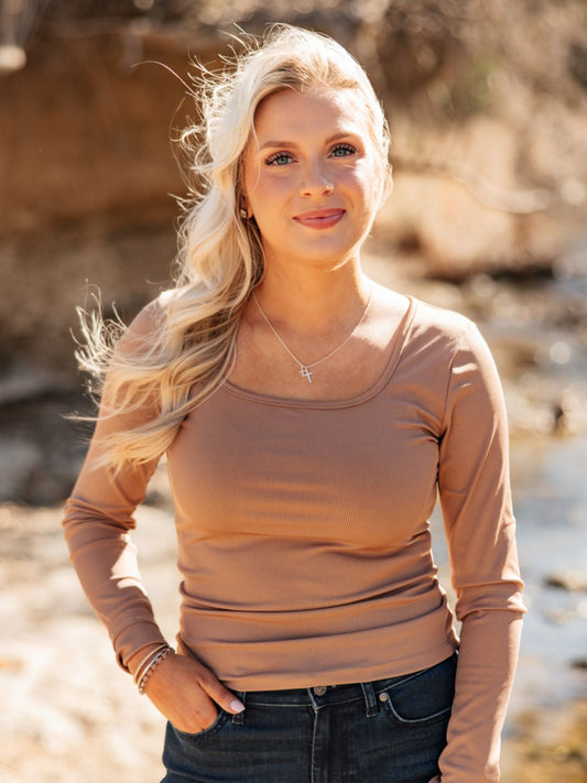 The Grace Square Neck Long Sleeve Top - Tan
