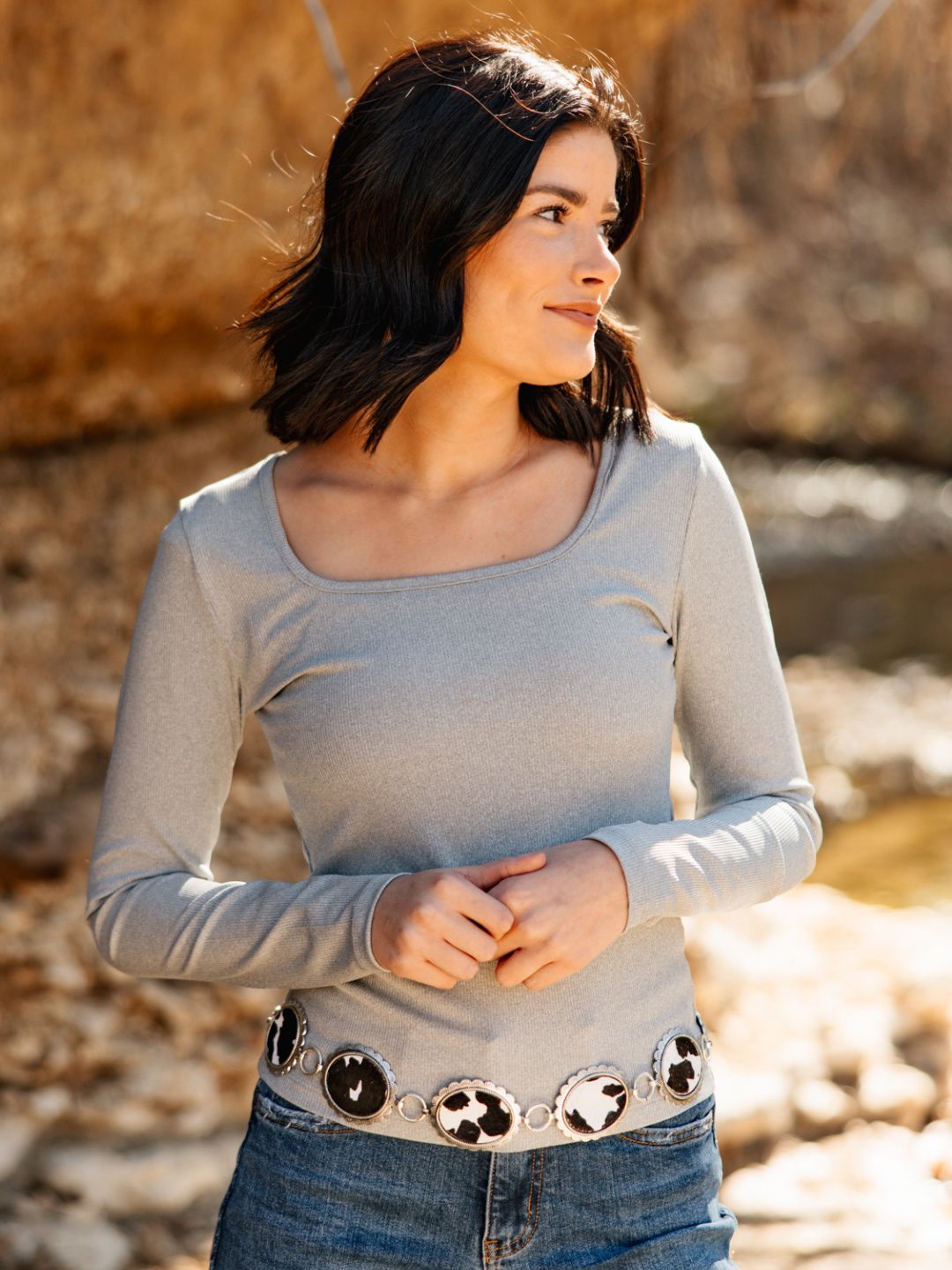 The Grace Square Neck Long Sleeve Top - Grey