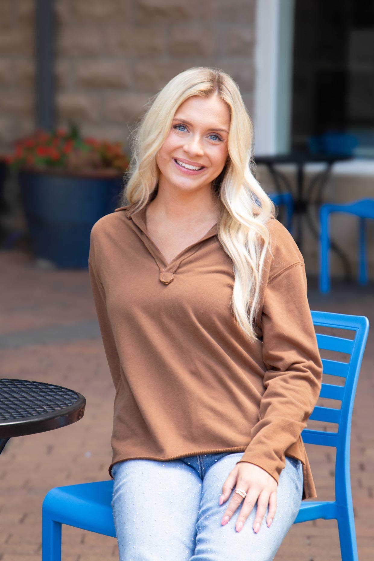 The Molly V-Neck Collared Pullover - Brown