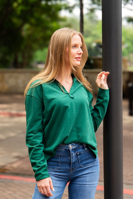The Molly V-Neck Collared Pullover - Green