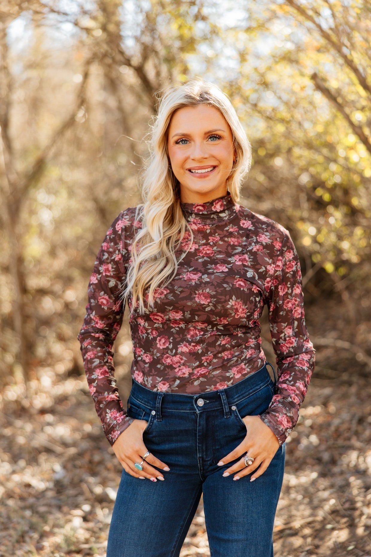 The Jaslene Mock Neck Mesh Top - Floral