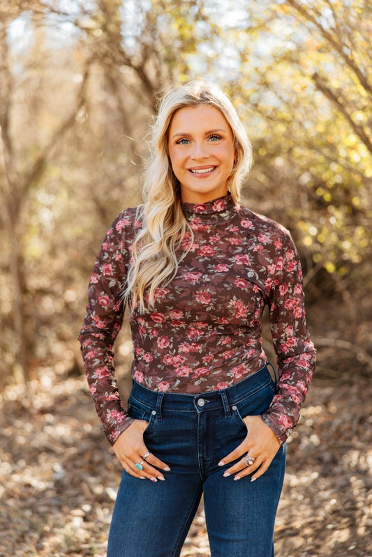 The Jaslene Mock Neck Mesh Top - Floral
