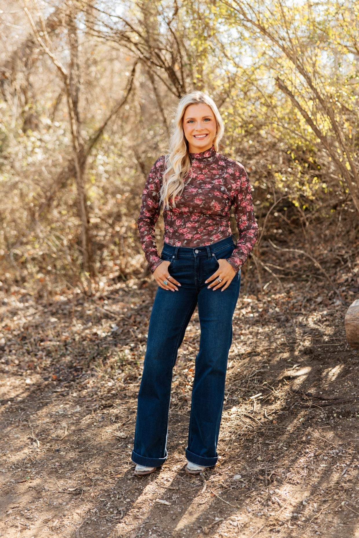The Jaslene Mock Neck Mesh Top - Floral