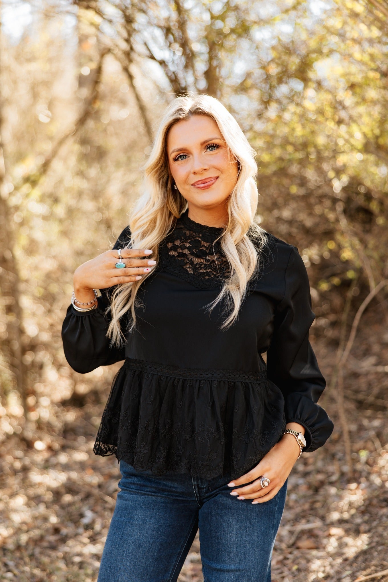 The Lisette High Neck Blouse with Lace Peplum - Black