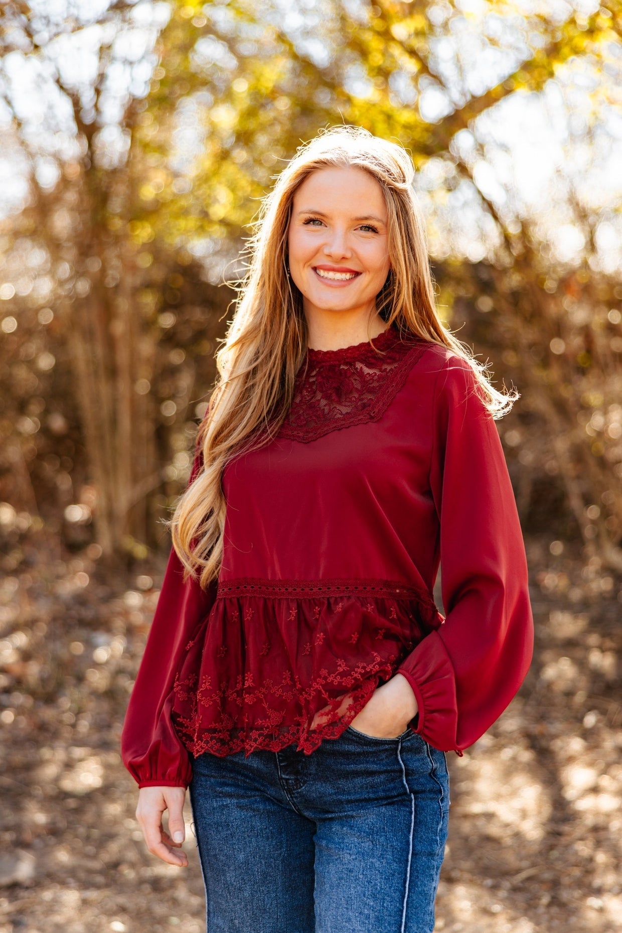 The Lisette High Neck Blouse with Lace Peplum - Maroon