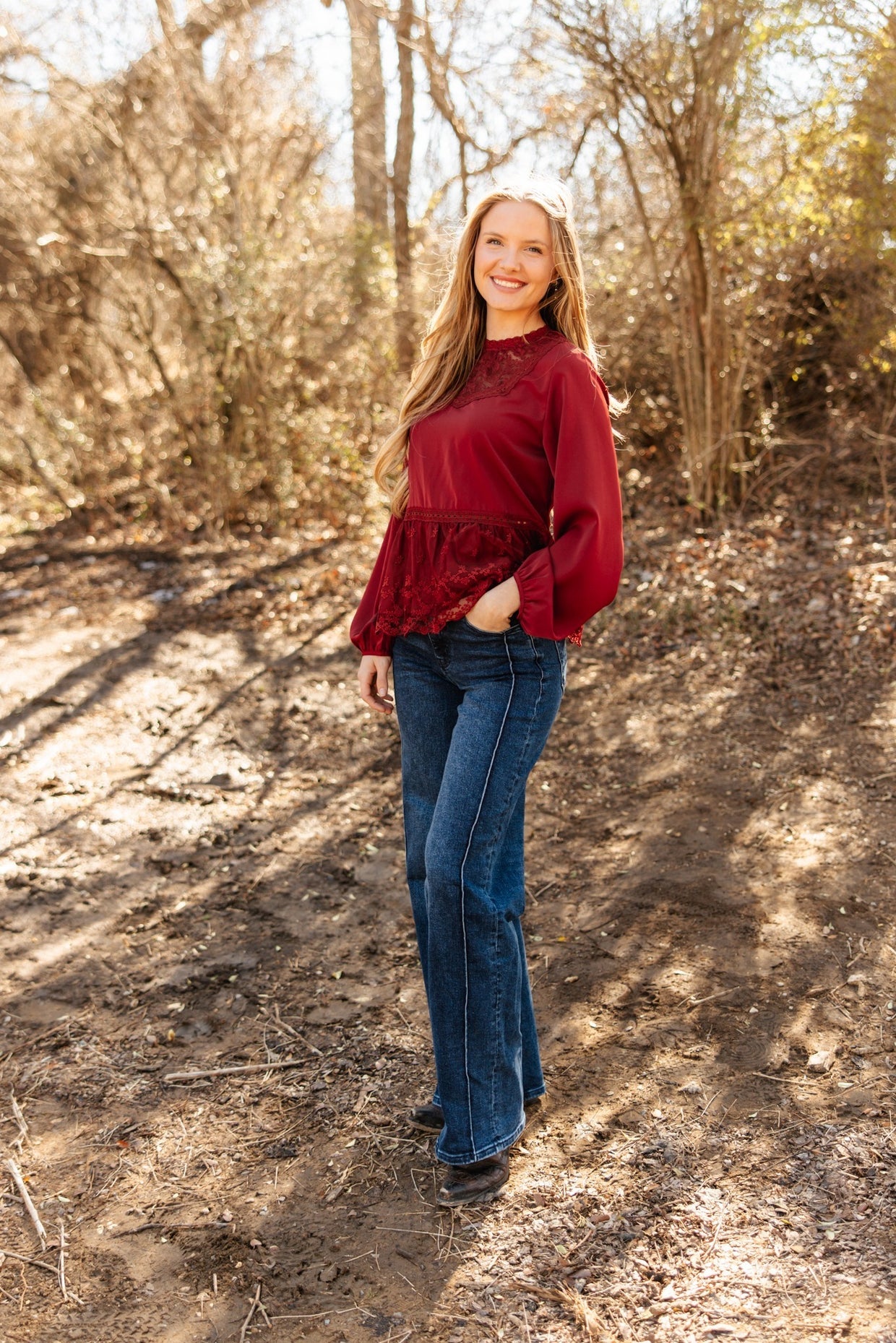 The Lisette High Neck Blouse with Lace Peplum - Maroon