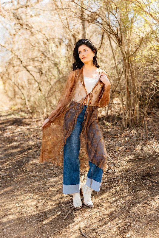 The Tenille Lace Long Kimono - Brown