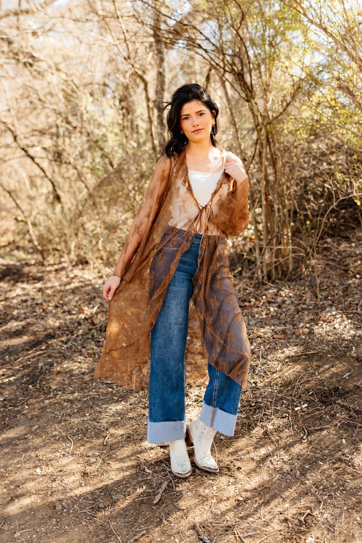 The Tenille Lace Long Kimono - Brown