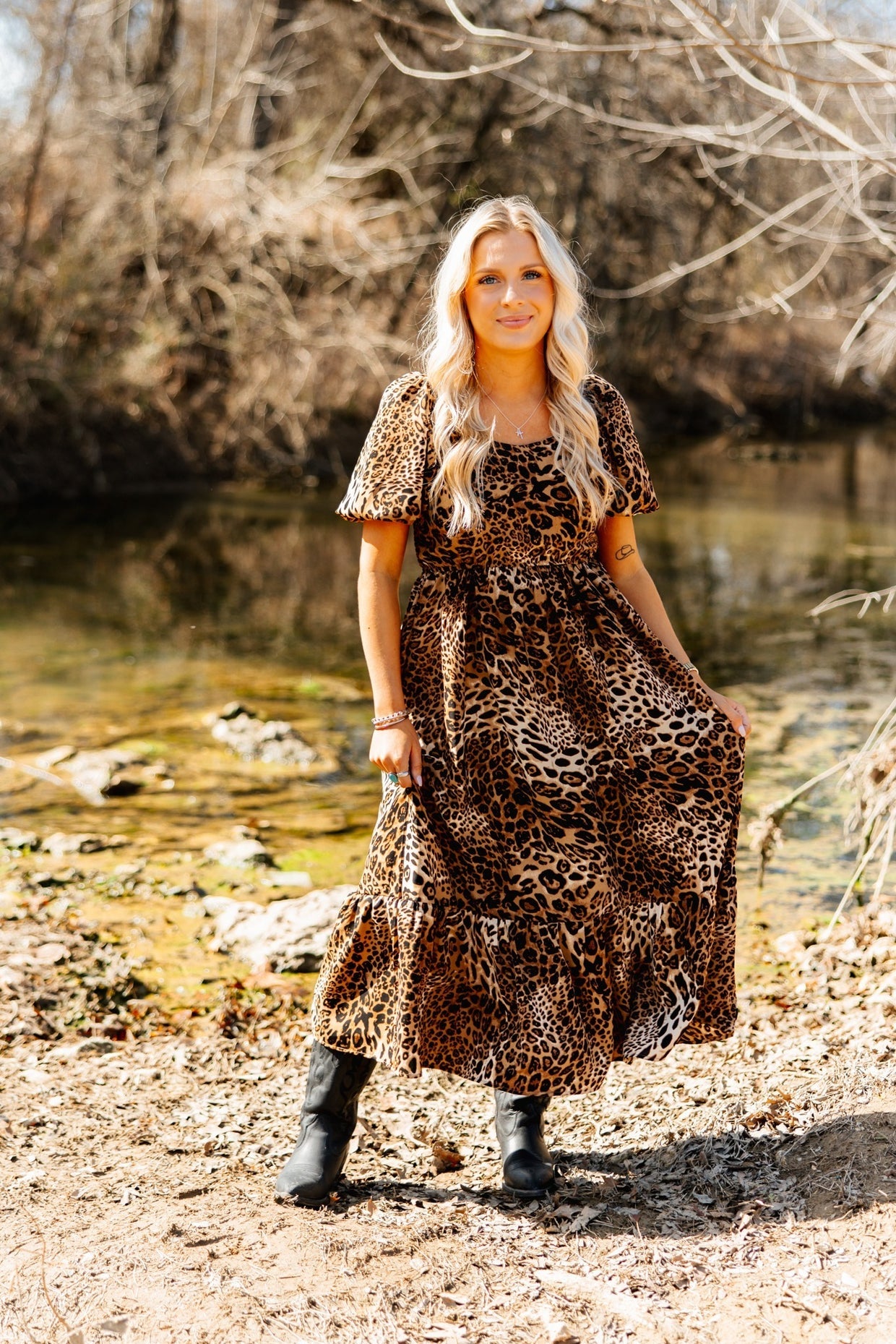 The Monica Puff Sleeve Midi Dress - Leopard