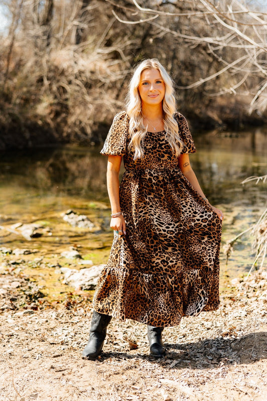 The Monica Puff Sleeve Midi Dress - Leopard