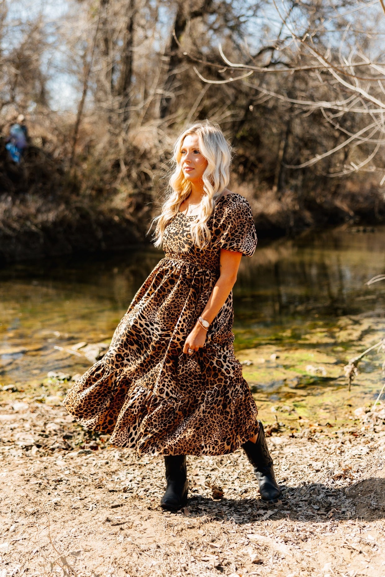 The Monica Puff Sleeve Midi Dress - Leopard