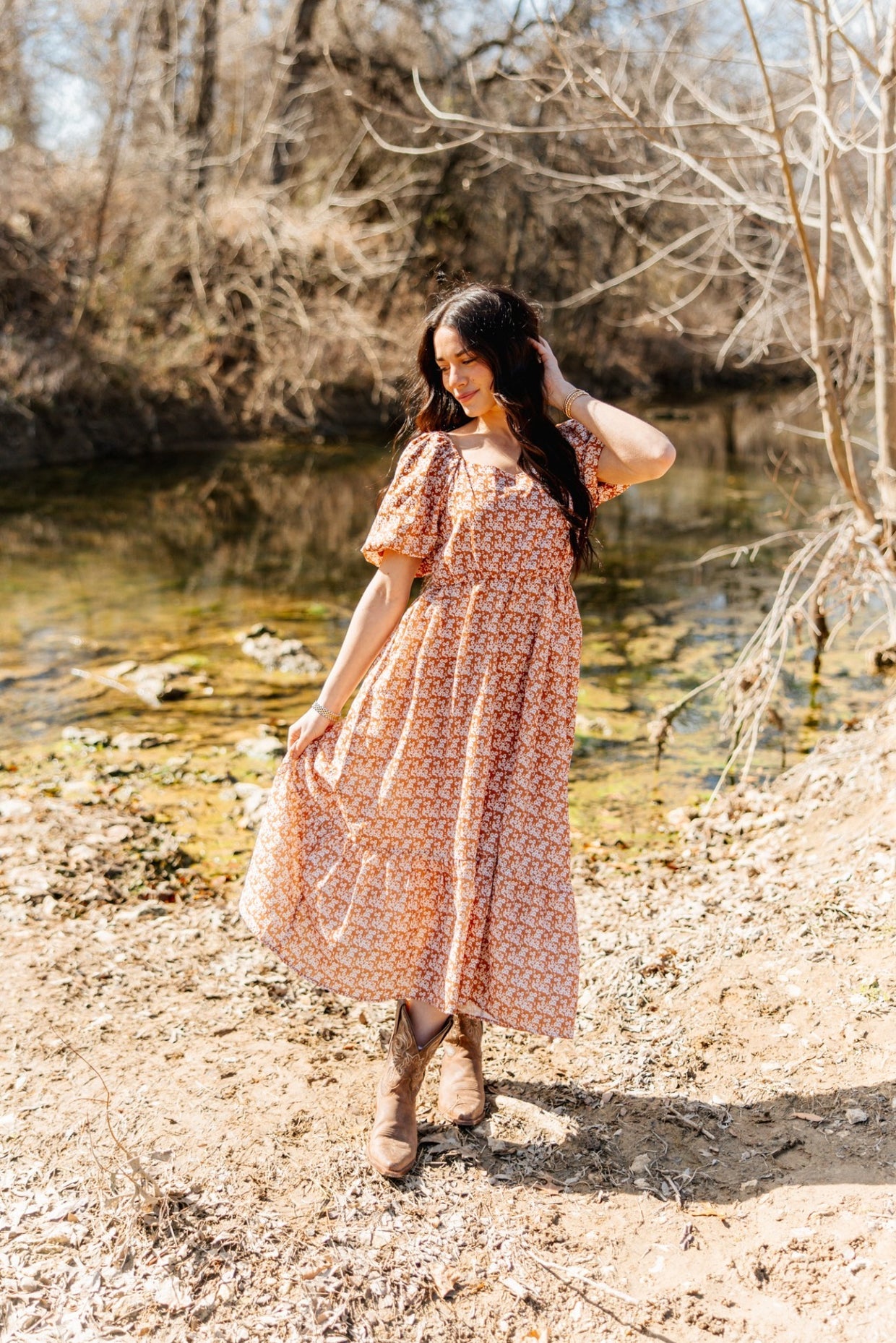 The Oakley Puff Sleeve Midi Dress - Rust Floral