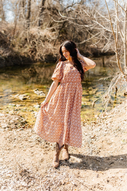 The Oakley Puff Sleeve Midi Dress - Rust Floral