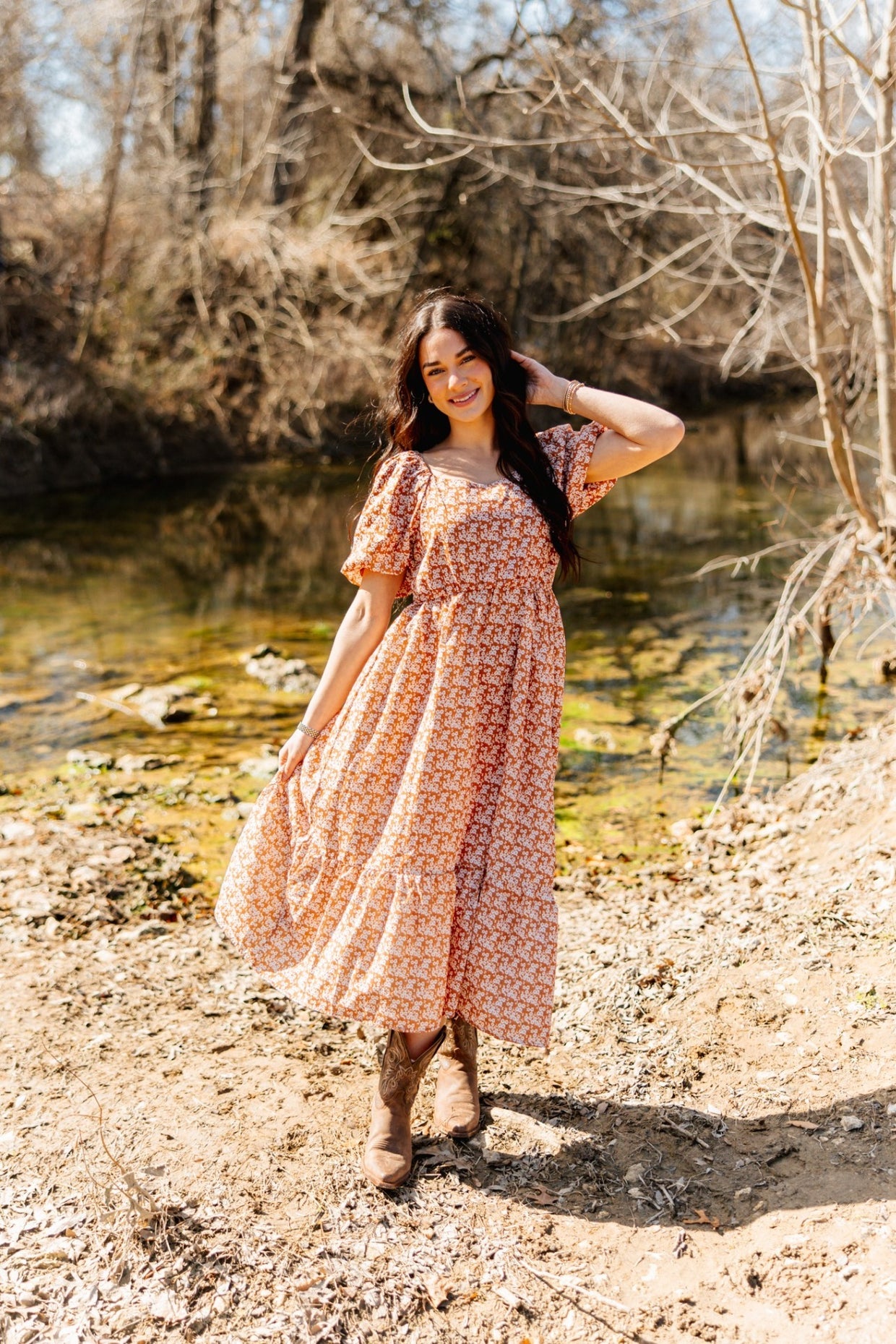 The Oakley Puff Sleeve Midi Dress - Rust Floral