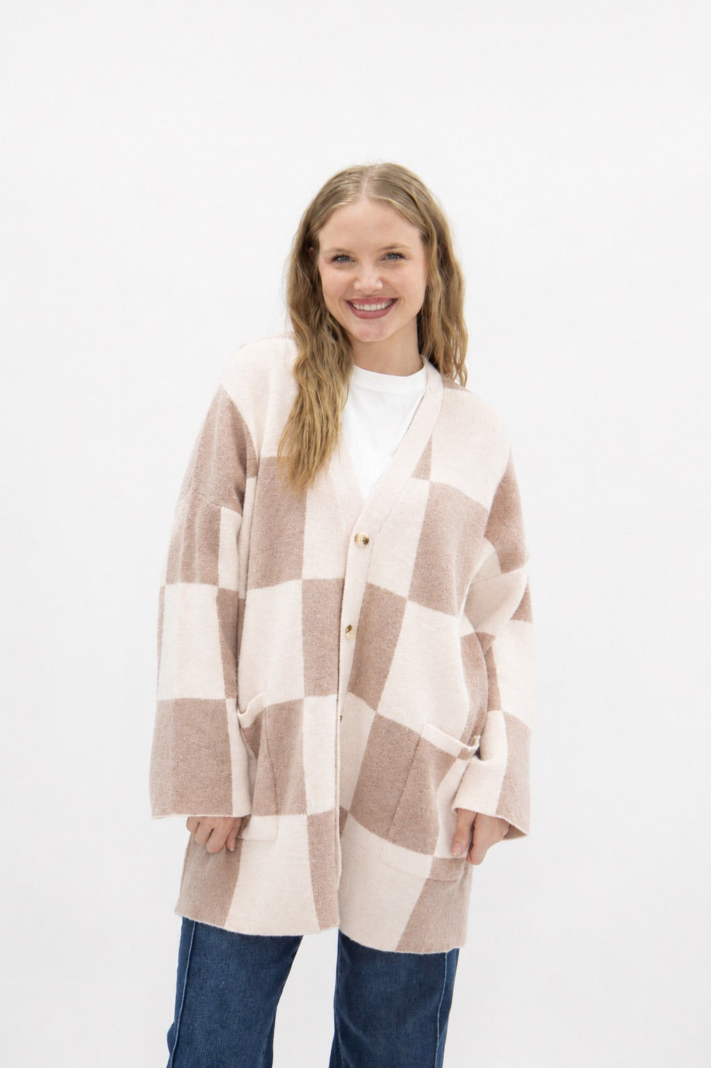 The Austyn Tan + Cream Checkered Cardigan