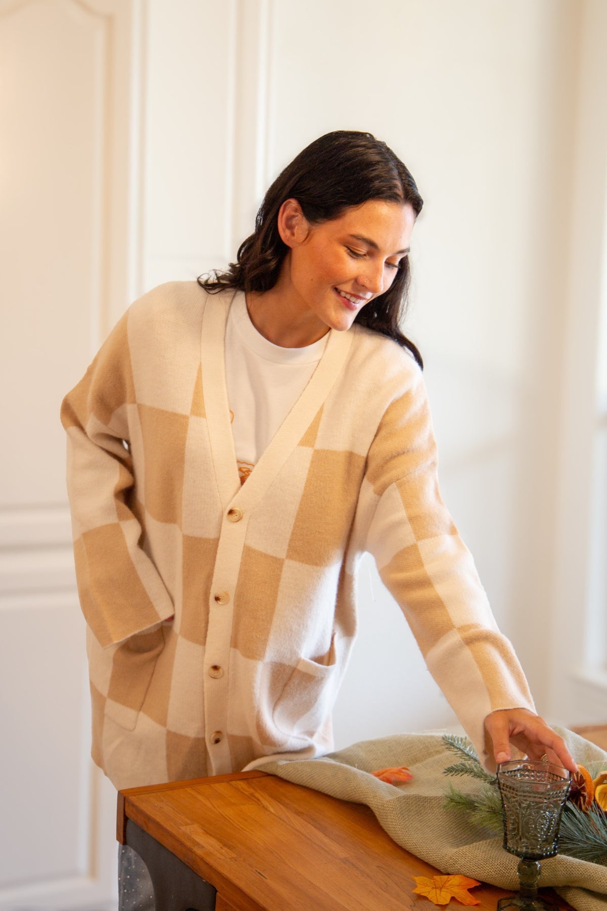 The Austyn Tan + Cream Checkered Cardigan