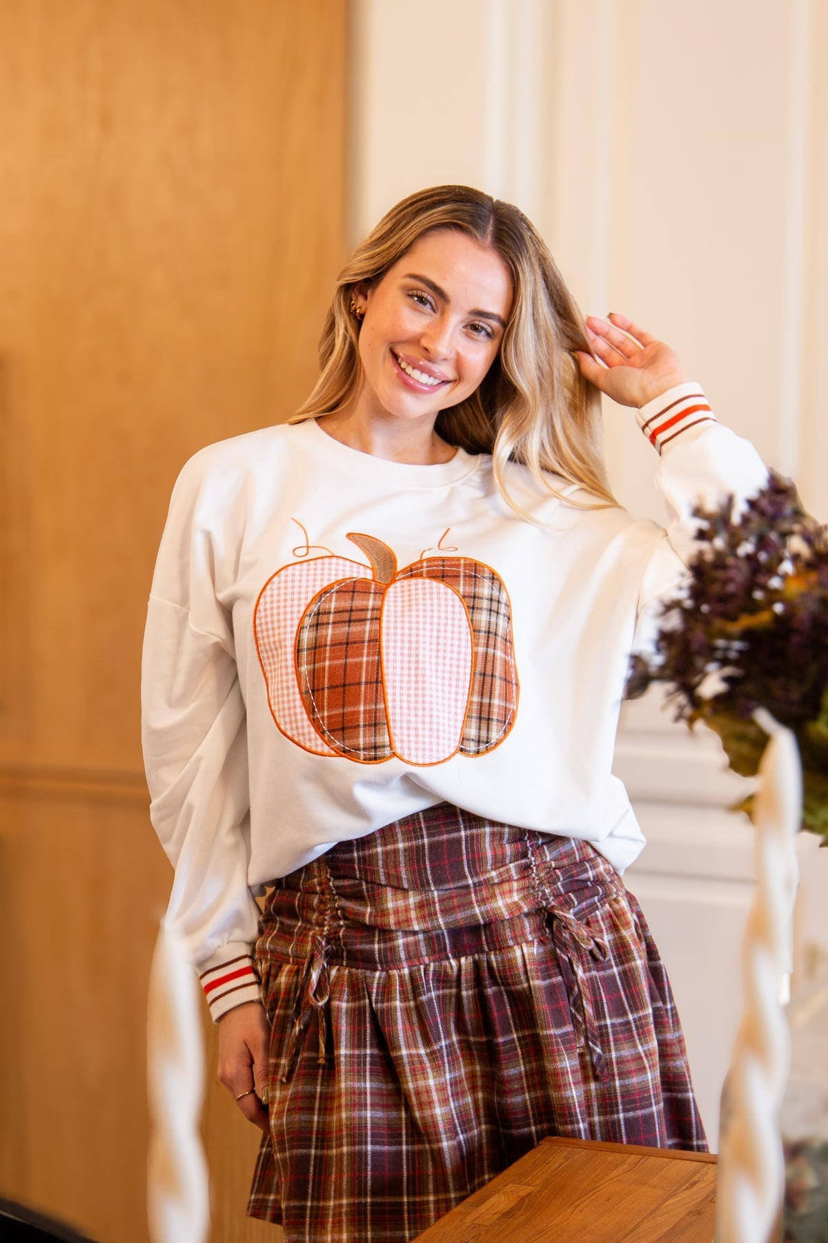 The Patchwork Pumpkin White Long Sleeve Top