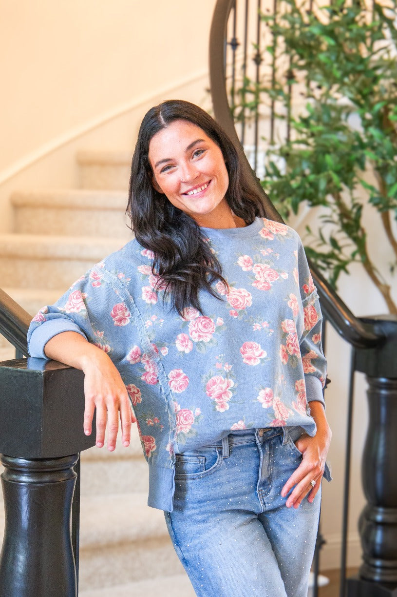 The Corynne Floral Print Denim Top