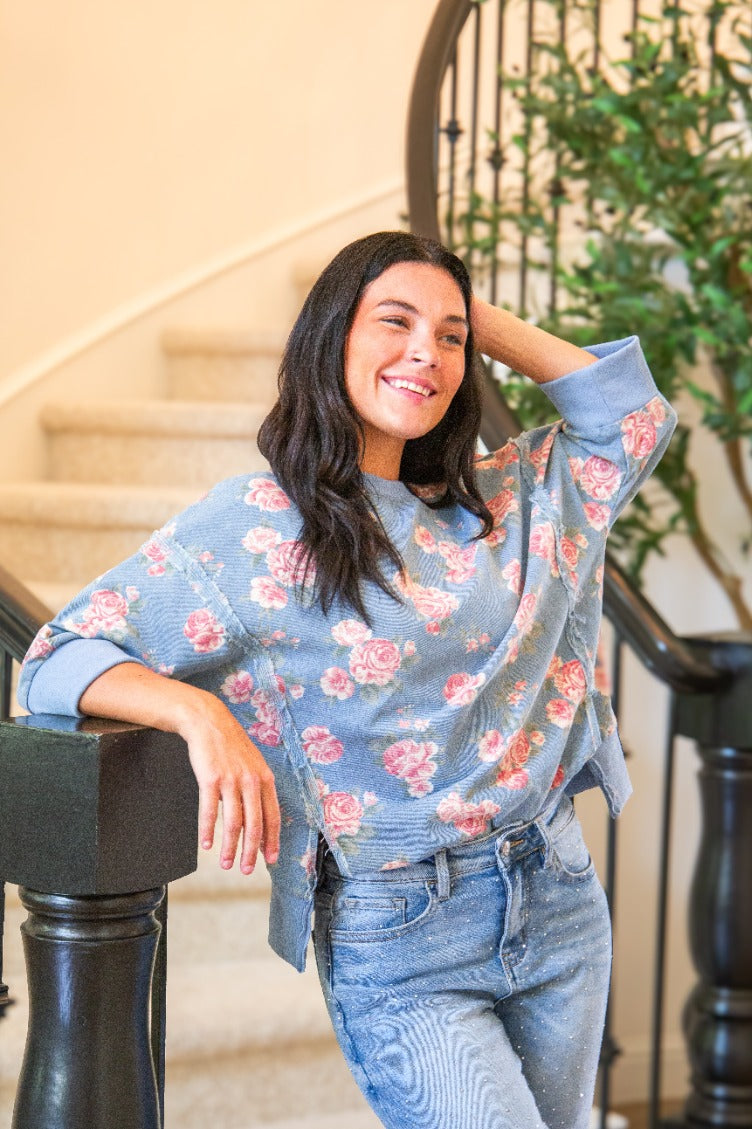 The Corynne Floral Print Denim Top