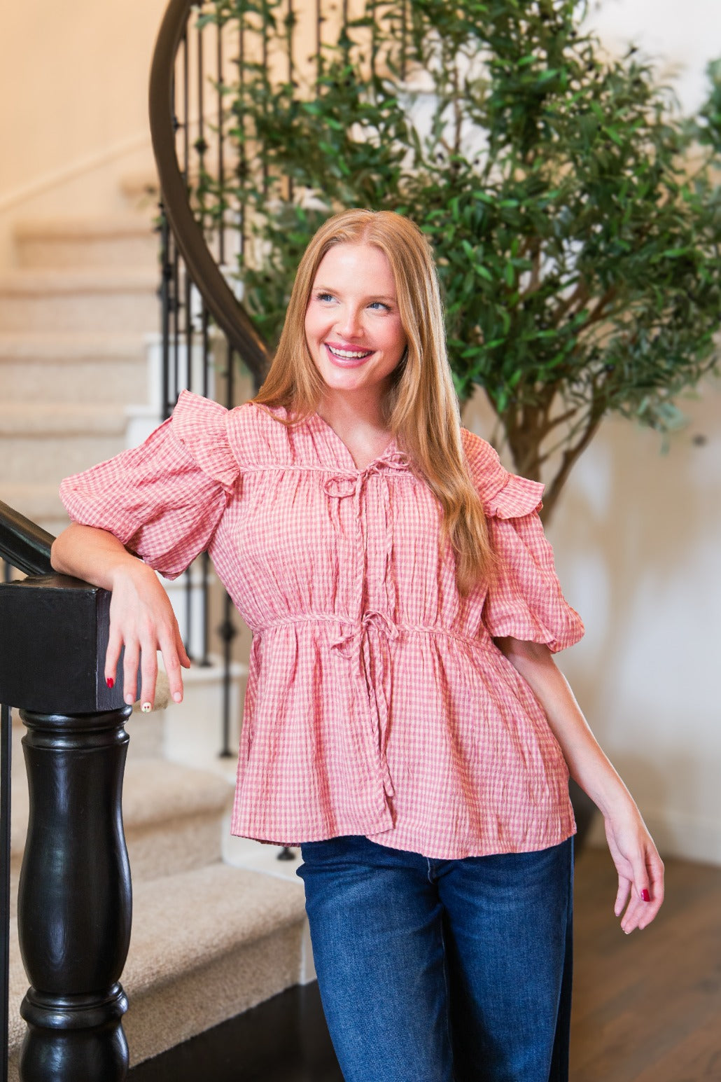 The Annalee Puff Sleeve Tie Front Blouse - Blush Gingham
