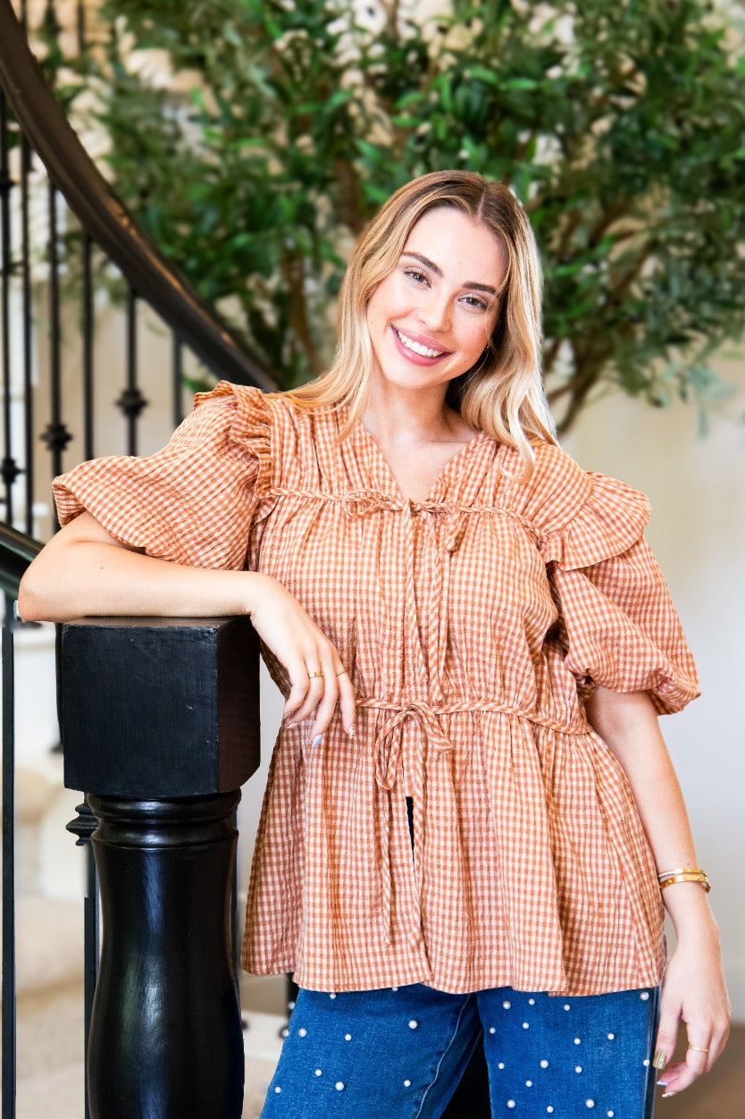 The Annalee Puff Sleeve Tie Front Blouse - Brown Gingham