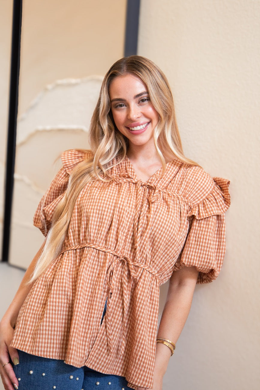 The Annalee Puff Sleeve Tie Front Blouse - Brown Gingham